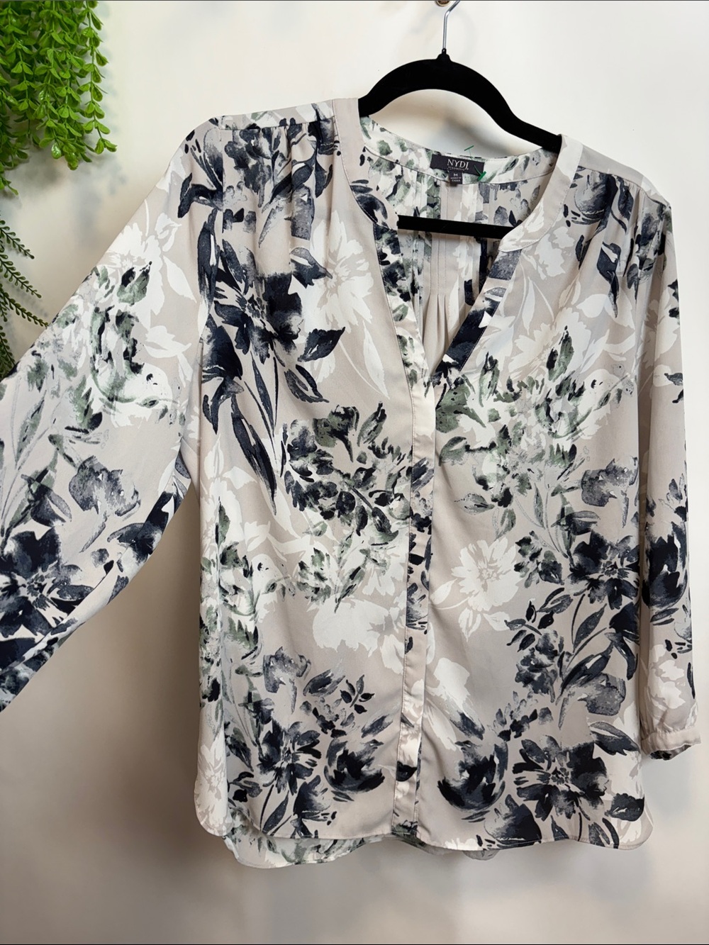 NYDJ Beige Floral V-Neck Button Blouse with Blue and Green Print